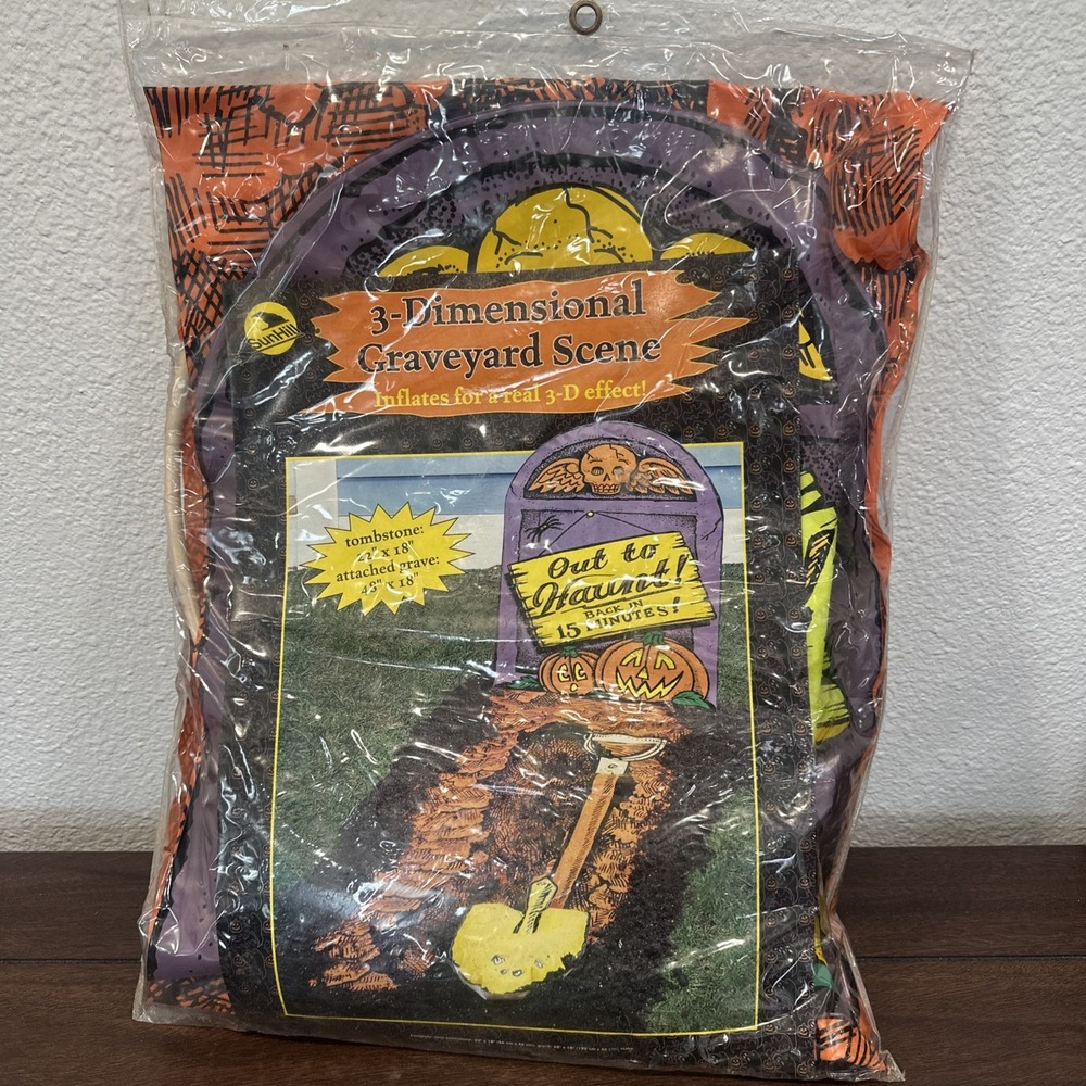 NOS VTG Halloween Inflatable tombstone grave Pumpkins 3D Graveyard 1999 Sealed